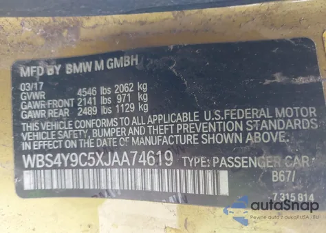 2018 BMW M4 z USA, uszkodzony, nr VIN WBS4Y9C5XJAA74619